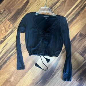 Black Long Sleeve Cardigan with Tassel Ties